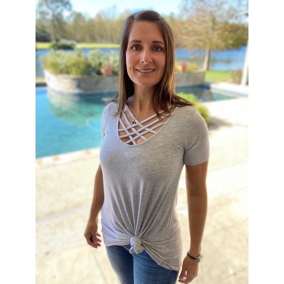 Triple Lattice Criss Cross Cutout Tunic Gray 4920 - Picture 3 of 4